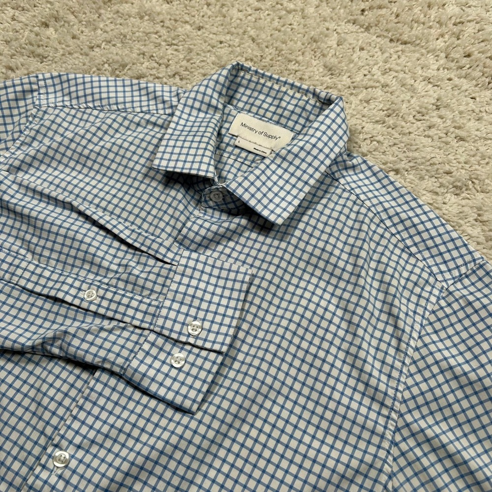 Ministry of Supply Button Up Shirt Large Blue White Gingham Stretch Long Sleeve